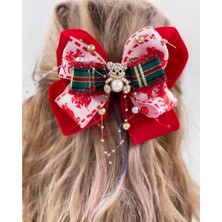 Queen Aksesuar Lüks Özel Tasarım Kırmızı Kadife Fiyonk Metal Ayıcık Broşlu Inci Yetişkin Çocuk Tokası Klipsli Toka