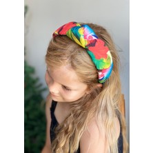 Queen Aksesuar Yeni Trend Süngerli Düğümlü Taç Rengarenk Ebruli Çiçek Desenli Kadın Çocuk Tacı