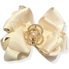 Queen Aksesuar Lüks Katmerli Taşlı Inci Broşlu Saten Otomatik Klipsli Büyük Toka Krem