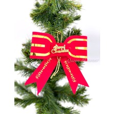 Queen Aksesuar Lüks Altın Şeritli Kırmızı Kadife Süet Christmas Yazılı Fiyonk Dekorasyon Çam Ağacı Süsü 18CM