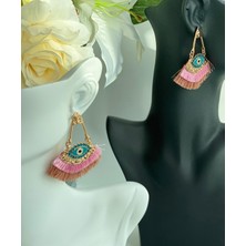 Queen Aksesuar Yeni Sezon Göz Nazar Taşlı Üçgen Püsküllü Küpe Pembe