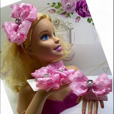 Queen Aksesuar Pembe Kristal Taşlı Yıldızlı Fiyonk Saten Taç Toka Mini Toka 4 Lü Luxury Set