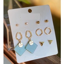 Queen Aksesuar Özel Trend Moda Parıltı Parlak Üçgen Love Mavi Simli Küpe Seti