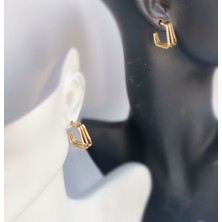 Queen Aksesuar Yeni Lüks Trend Zara Model 3lü Sıra Kare Halka Çelik Küpe Gold Altın
