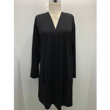 Fresh Moda Kadın Siyah Uzun Düğmeli Cepli Anne Penye Hırka