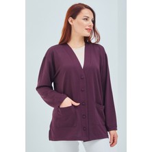 Fresh Moda Kadın Mürdüm Mevsimlik Cepli Düğmeli Kısa Penye Hırka