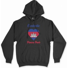 Cix Phnom Penh Kamboçya Bayraklı Kalpli Siyah Sweatshirt Hoodie