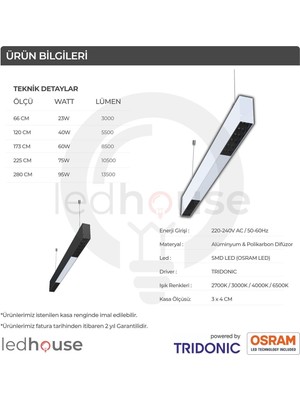 Ledhouse 173 cm Mercekli Linear Modern LED Avize Sıva Üstü Sarkıt Armatür Lineer Aydınlatma (Beyaz Kasa - 400