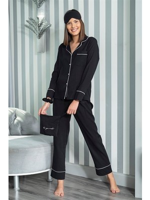 For You Moda Organik 7'li Beyaz Biyeli Pijama Takımı Siyah S26740