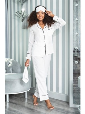 For You Moda Organik 7'li Siyah Biyeli Pijama Takımı Ekru S26743