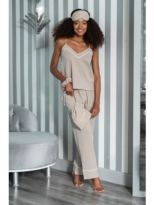 For You Moda Kadın Organik 7 li Beyaz Biyeli Pijama Takımı Taş S26746