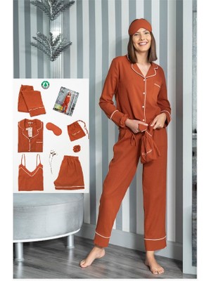 For You Moda Organik 7'li Beyaz Biyeli Pijama Takımı Kiremit S26747