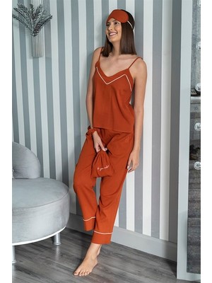 For You Moda Organik 7'li Beyaz Biyeli Pijama Takımı Kiremit S26747