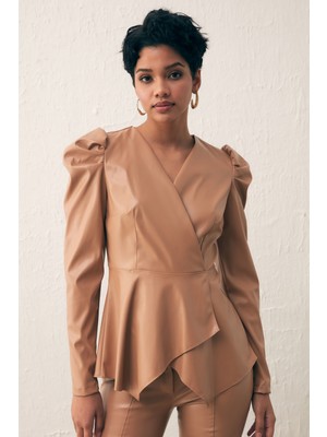 Sateen Kruvaze Deri Bluz - Camel