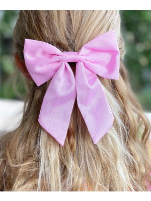 Queen Aksesuar Moda Trend Organze Parlak Kuyruk Fiyonklu Metal Klipsli Toka Pembe