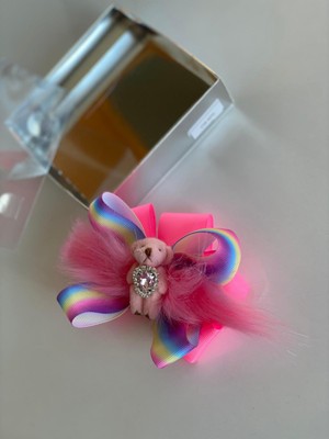 Queen Aksesuar Neon Pembe Gökkuşağı Ayıcık Süslü  Kız Çocuk Bebek  Doğum Günü Hediye  Klipsli Toka