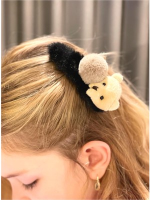 Queen Aksesuar Pofuduk Tüylü Peluş Oyuncak Ayıcık Çıtçıt Yan Toka Yetişkin Çocuk Tokası Siyah