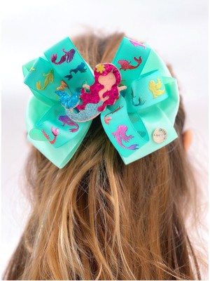 Queen Aksesuar Özel Tasarım Lüks Büyük Katlı Fiyonk Toka Yetişkin Çocuk Tokası Mint Su Yeşili Pullu Denizkızı