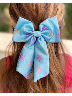 Queen Aksesuar Trend Deniz Yıldızı Saten Kuyruk Fiyonklu Metal Klipsli Toka Mavi