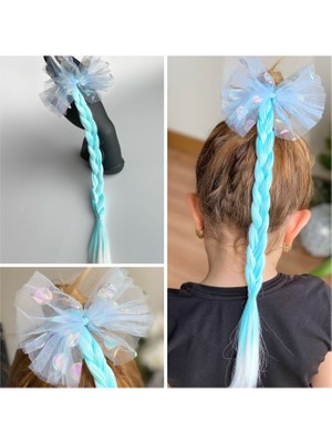 Queen Aksesuar Hologram Puantiyeli Tül Fiyonk Pastel Turkuaz Mavi Beyaz Balyajlı Rapunzel Örgü Saç Postiş Toka