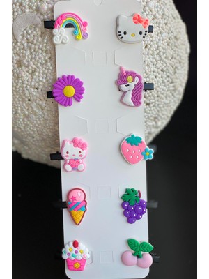 Queen Aksesuar 10 Lu Mini Figürlü Hello Kitty Dondurma Unicorn Meyve Gökkuşağı Bebek Çocuk Toka Seti No5