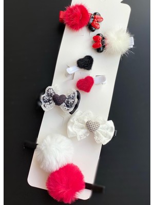 Queen Aksesuar Sevimli Ponpon Tüylü Minnie Mouse Fiyonk Kalp Toka Seti Kırmızı Beyaz Siyah