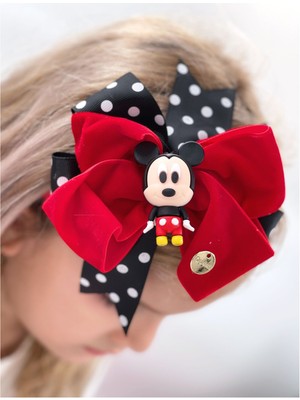 Queen Aksesuar Özel Tasarım Lüks Kırmızı Kadife Fiyonklu Puantiyeli Mickey Mouse Taç Çocuk Yetişkin Tacı