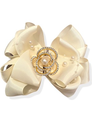 Queen Aksesuar Lüks Katmerli Taşlı Inci Broşlu Saten Otomatik Klipsli Büyük Toka Krem