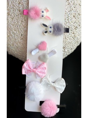 Queen Aksesuar Sevimli Ponpon Tüylü Tavşan Fiyonk Kalp Toka Seti Pembe Beyaz