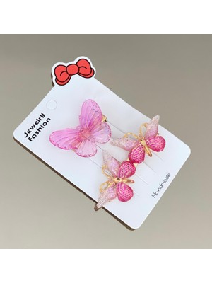 Queen Aksesuar Kristal Pembe Gold Metal Pensli 2 Li Yan Toka Seti Kelebek Tokalar