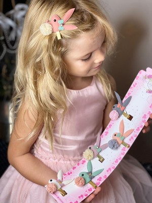 Queen Aksesuar 6 Lı Taşlı Ponpon Tavşan Metal Toka Seti Renkli