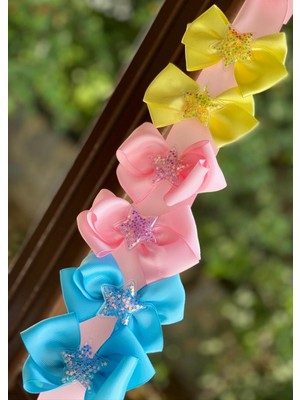 Queen Aksesuar Sarı Pembe Mavi Simli Pullu Yıldızlı Mini Fiyonk Toka Seti 6’lı Metal Pensli