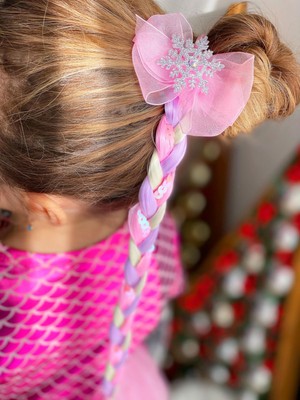 Queen Aksesuar Elsa Anna Frozen Karlar Ülkesi Simli Taşlı Kar Tanesi Örgü Takma Postiş Çocuk Saçı Pullu Lila Pembe