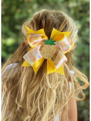 Queen Aksesuar Sarı Fiyonklu Parlak Simli Pullu Ananas Metal Klipsli Toka