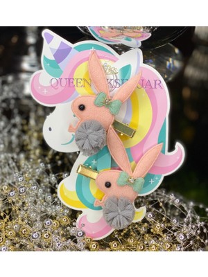 Queen Aksesuar Özel Tasarım Tavşan Taşlı Ponponlu Çocuk Bebek 2li Toka Set Mint Pembe