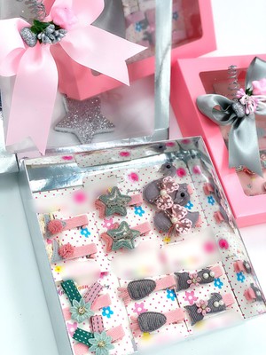 Queen Aksesuar Lüks Gümüş Kutulu 12 Parça Bebek Çocuk Taşlı Toka Aksesuar Hediye Seti Kuğu Yıldız Çiçek