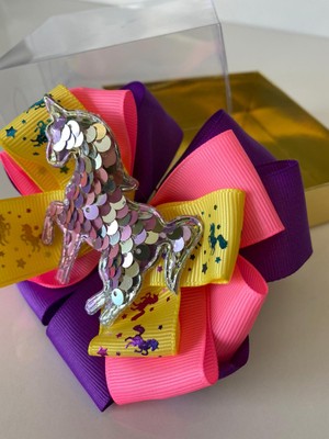 Queen Aksesuar Parlak Pullu Unicorn Pembe Mor Sarı Fiyonk Toka Anne Çocuk Hediye