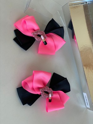 Queen Aksesuar Neon Pembe Siyah 2' Li Metal  Dudak Broşlu Kız Çocuk Kız Bebek Pensli Toka