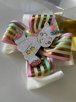 Queen Aksesuar Metalik Yaldızlı Kabartma Kurdela Simli  Parlak Unicorn Figür Metal Klipsli Anne Kız Çocuk Tokası