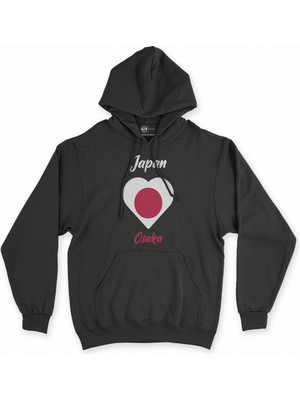 Cix Osaka Japonya Bayraklı Kalpli Siyah Sweatshirt Hoodie