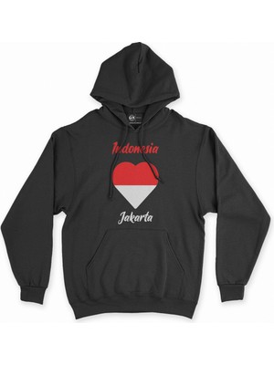 Cix Jakarta Endonezya Bayraklı Kalpli Siyah Sweatshirt Hoodie