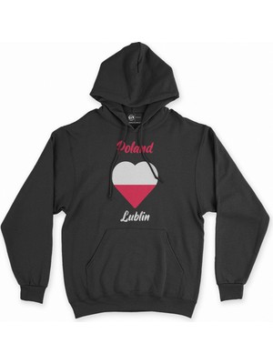 Cix Lublin Polonya Bayraklı Kalpli Siyah Sweatshirt Hoodie