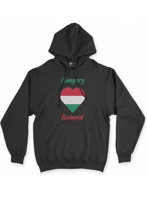 Cix Budapeşte Macaristan Bayraklı Kalpli Siyah Sweatshirt Hoodie