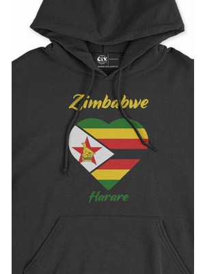Cix Harare Zimbabwe Bayraklı Kalpli Siyah Sweatshirt Hoodie