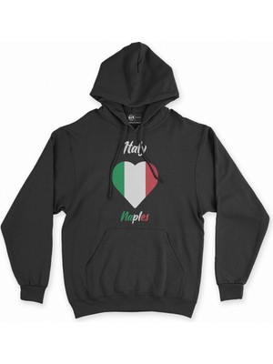 Cix Napoli Italya Bayraklı Kalpli Siyah Sweatshirt Hoodie