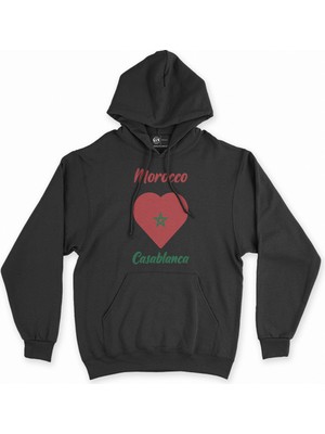 Cix Kazablanka Fas Bayraklı Kalpli Siyah Sweatshirt Hoodie