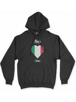 Cix Roma Italya Bayraklı Kalpli Siyah Sweatshirt Hoodie