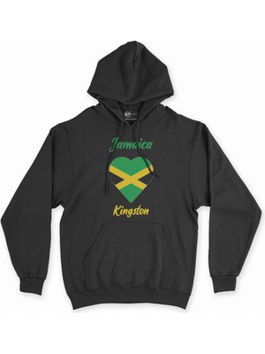Cix Kingston Jamaika Bayraklı Kalpli Siyah Sweatshirt Hoodie