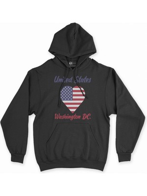 Cix Washington Amerika Bayraklı Kalpli Siyah Sweatshirt Hoodie