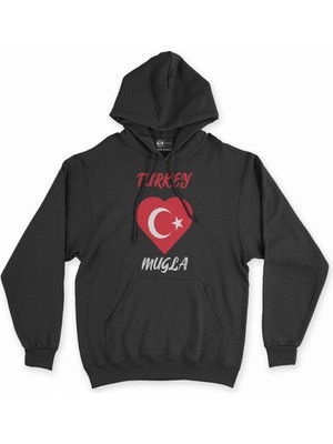 Cix Muğla Türkiye Bayraklı Kalpli Siyah Sweatshirt Hoodie